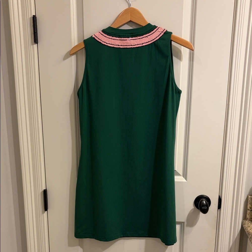 QUEEN OF SPARKLES Green Sleeveless Dress with Pink Sequin Label - Picture 3 of 13